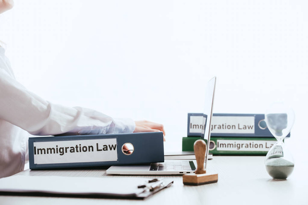 selective focus of woman taking folder with immigration law lettering near laptop isolated on white - Photo, Image