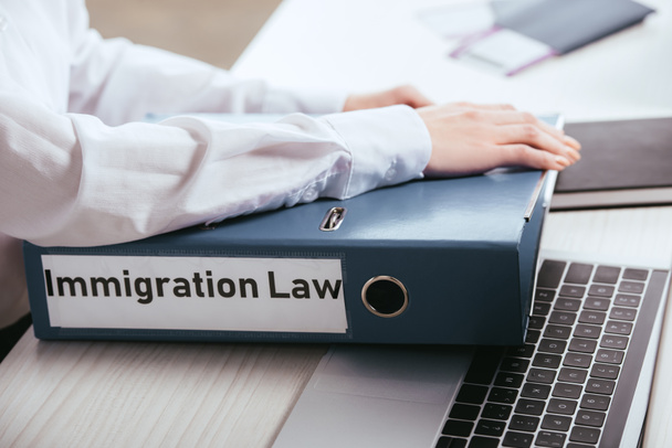selective focus of woman taking folder with immigration law lettering near laptop - Photo, Image
