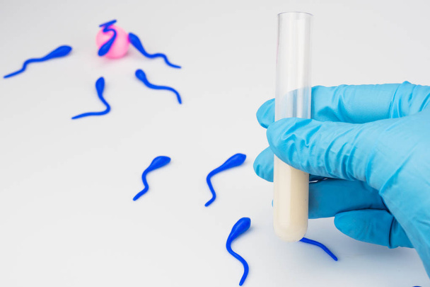 Tüp bir mavi eldiven, doktorun elinde sperm analizi ile yakın çekim, sağda. Arka plan, gübreleme yumurta ve sperm, el yapımı, bulanık taklidisin. Arka plan beyaz - Fotoğraf, Görsel