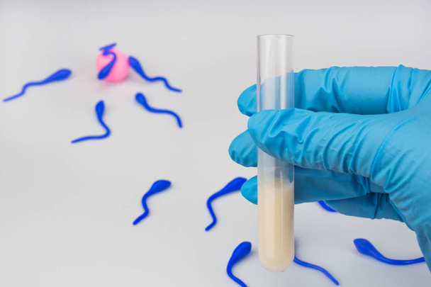 Laboratuar asistanı tüp bebek sperm, elinde tutan yakın çekim, sağda. Arka plan, gübreleme yumurta ve sperm, el yapımı, bulanık. Arka plan beyaz. - Fotoğraf, Görsel