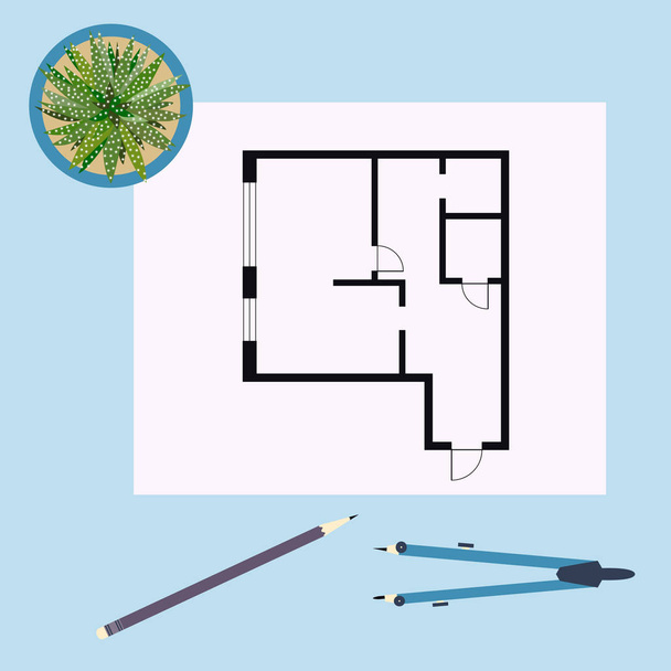 Ilustración vectorial con plano de apartamento, brújula, lápiz, cactus. Proyecto de arquitectura
. - Vector, Imagen