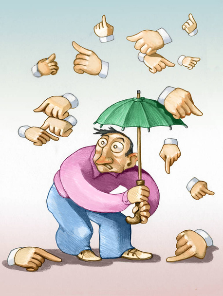 man verstopt zich onder de paraplu van een regen van beschuldigende vingers surrealistisch illustratie - Foto, afbeelding