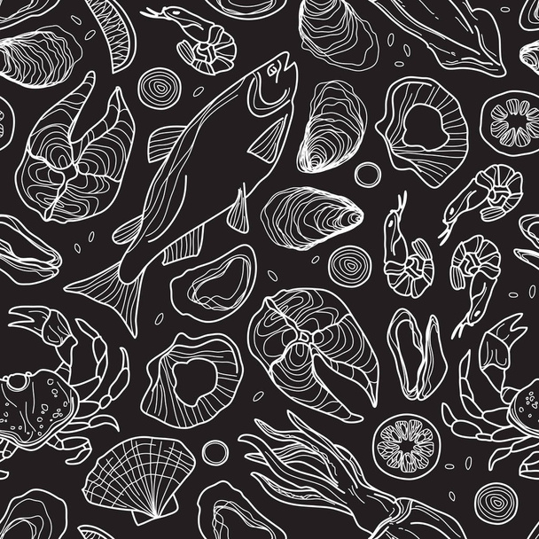 Ручна безшовні візерунок намальовані морепродуктів на чорному. Устриці, риби, кальмари, Мідії, лимон, цибуля. - Вектор, зображення