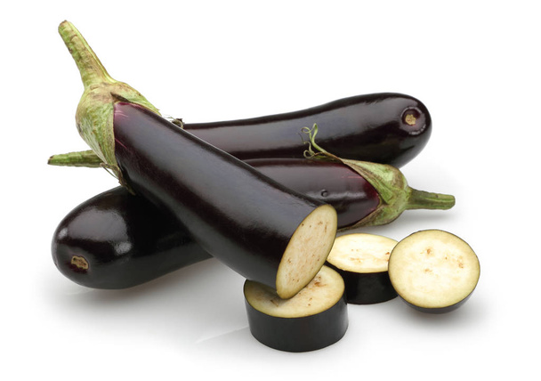 Eggplant or Aubergine vegetable and slices on white background - Φωτογραφία, εικόνα