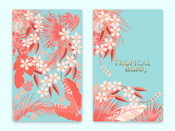 熱帯のベクトルは、住んでいる珊瑚色で背景を設定しました。カバーの植物デザイン。カード デザイン結婚式招待状やポスター パンフレット テンプレート ジャングルの葉を使用できます。. - ベクター画像