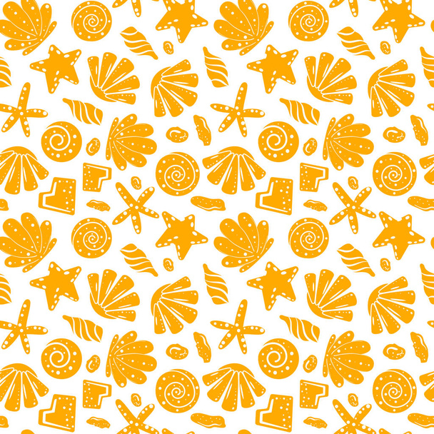 Sea shells, rocks, sand on the coast. Seamless pattern in blue and yellow. For pattern fills, wallpaper, print for clothes, wrapping paper - Wektor, obraz