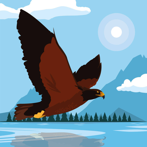 印象的な風景の中を飛んでいる鷹鳥 - ベクター画像