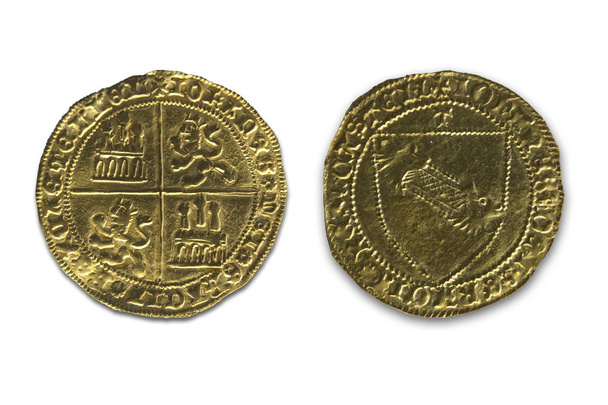 Cordoba, Spain - Dec 7th, 2018: John II of Castile (1406-1454) gold coin. Dobla de la Banda. Obverse and reverse. Cordoba Archaeological Museum, Spain - Photo, Image