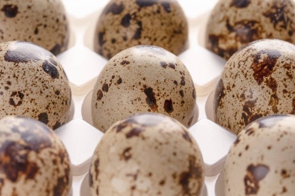 Several quail eggs in plastic packaging close-up - Foto, Imagem