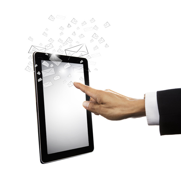mano di uomo d'affari che tocca sullo schermo del tablet isolato su uso bianco multiuso
 - Foto, immagini