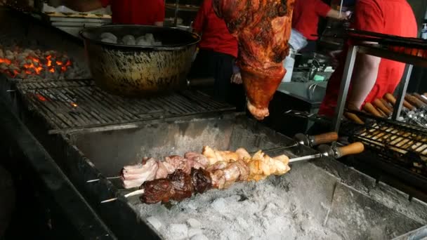 Vaření kebab nebo grilování v restauraci nebo kavárně přes dřevěné uhlí. Přípravu barbecue s vynikající grilovaná masa na špízu se připravuje na uhlí v kuchyni restaurace. Otočte maso na grilu. - Záběry, video
