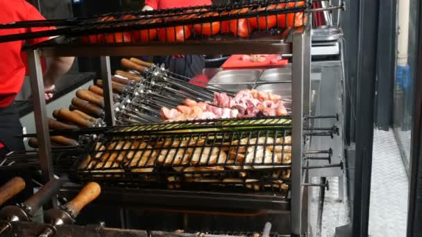 Vaření kebab nebo grilování v restauraci nebo kavárně přes dřevěné uhlí. Přípravu barbecue s vynikající grilovaná masa na špízu se připravuje na uhlí v kuchyni restaurace. Otočte maso na grilu. - Záběry, video