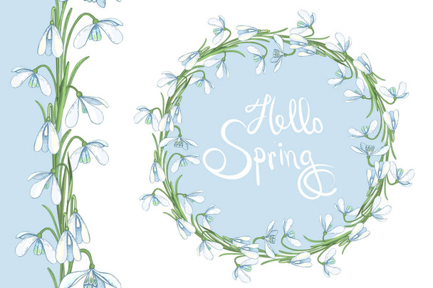 Girlanden aus Frühlingsblumen, endlosen horizontalen Pinseln und diesem Pinsel. gute fpr Einladungskarten, Grußkarten, Flyer - Vektor, Bild