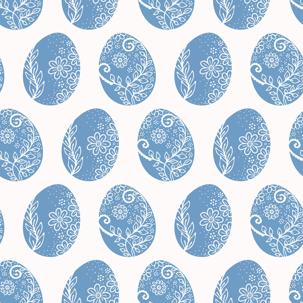 Koristeltu pääsiäismunia kaikkialla Tulosta vektori. Retro Blue Flower Egg Saumaton toistuva kuvio Etninen Folk Art Style valkoisella taustalla. Käsin maalatut piirretty kevään paperitavarat, lomapakkaukset
. - Vektori, kuva