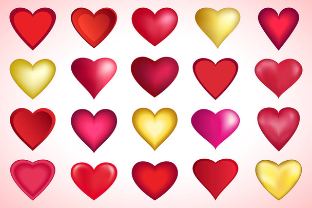 Big set of stylized festive red, pink, golden 3d hearts for Valentines Day, wedding, birthday isolated on white background. Icons for holiday, elements of graphic design. Vector illustration. - Vektör, Görsel