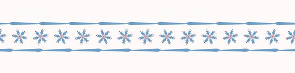 Bandiera di confine senza cuciture con texture a fiocco di neve invernale. Sketchy Heart Folk Star Snow for Xmas Home Decor, Cancelleria di Natale, Nastri nordici, Inviti Yuletide, Natale Retro Holiday Blue Red White
 - Vettoriali, immagini