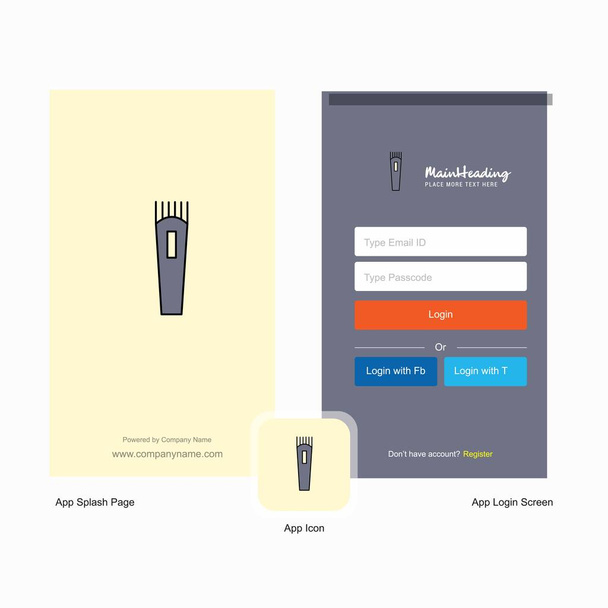Empresa Trimmer Splash Screen e Login Page design com modelo de logotipo. Modelo de negócio online móvel
 - Vetor, Imagem