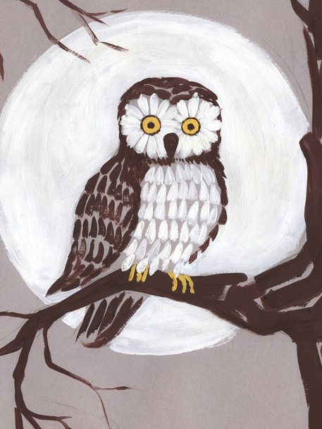 Owl on a branch on the background of the moon. Hand-drawn art illustration of gouache - Fotografie, Obrázek
