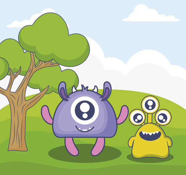 cute monsters couple in the field - Vector, Image