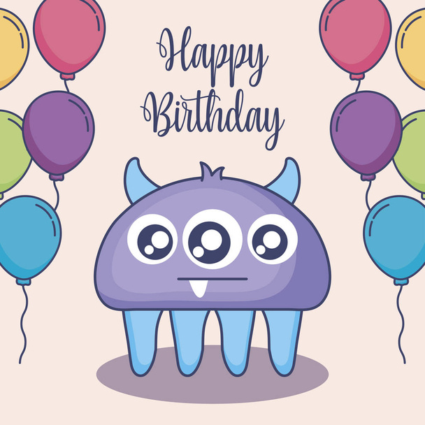 cute monster with balloons helium birthday card - Vector, afbeelding
