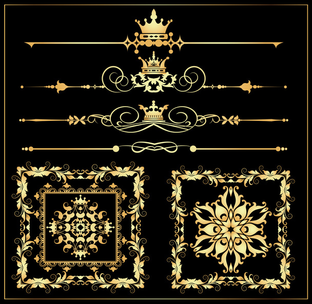 Vector set. Victorian Scrolls and crown. Gold decorative elements. - Vector, Image