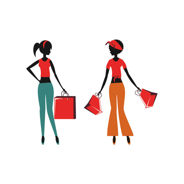 women silhouette retro style with shopping bags - Vector, Imagen