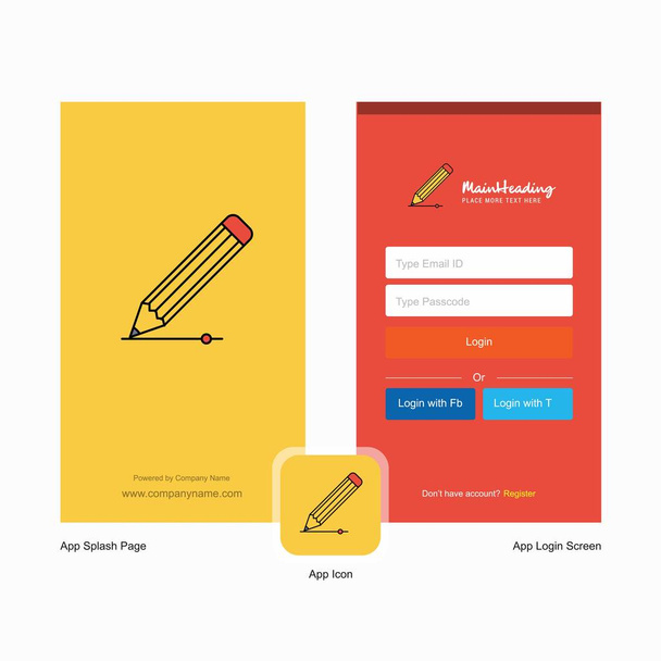 Company Pencil Splash Screen and Login Page design with Logo template. Mobile Online Business Template - Вектор, зображення