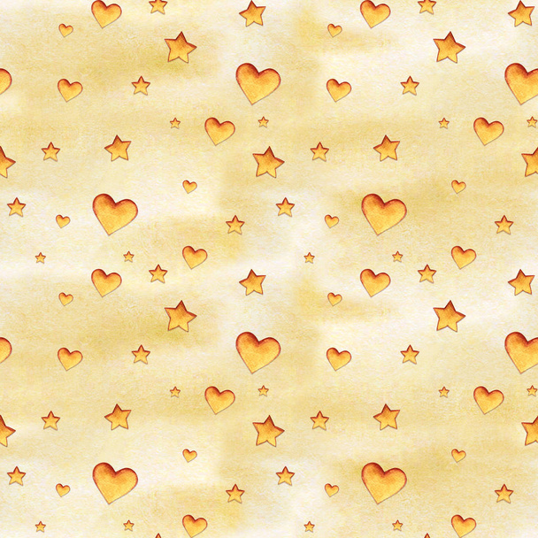 Cute abstract watercolor seamless pattern with hearts and stars. - Fotografie, Obrázek