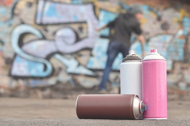 A photography of a certain number of paint cans against the background of the space with the wall on which the young guy draws a large graffiti drawing. Modern art of drawing walls in graffiti - Photo, Image