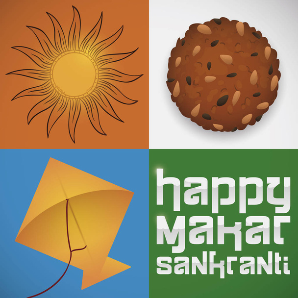 Traditional set of elements to celebrate Makar Sankranti Festival in India: sun worship with hand drawn symbol, delicious til laddu dessert covered with sesame seeds and flying kite. - Vector, Image