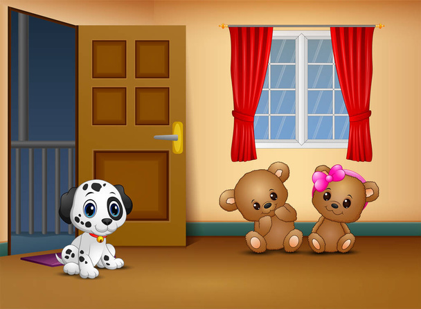 Bonito casal ursinho de pelúcia com um cão na sala de estar
 - Vetor, Imagem