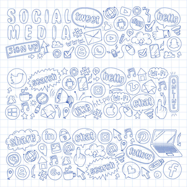 Sosyal medya ve ekip çalışması simgeler. Doodle görüntüler. Yönetimi, iş, Infographic. - Vektör, Görsel