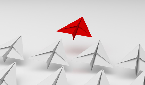 leadership concept with red and white paper airplane on white background. Digital craft in education or travel concept. Mock up design. 3d abstract illustration - Photo, Image