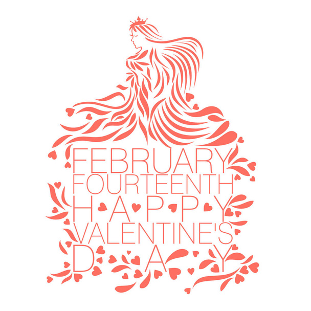 Abstract vector design of Love goddess in living coral color with the text February Fourteenth Happy Valentine's Day on a white background color  - Vector, Image