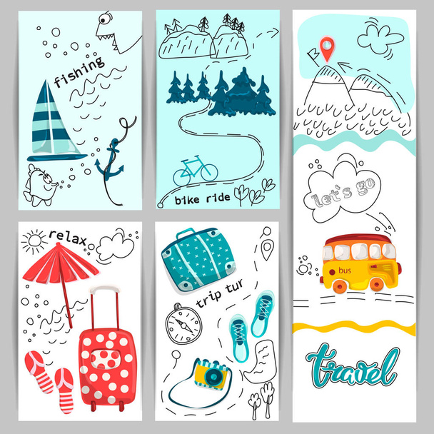Tourist collection for banners, flyers, posters with bus, Luggage, objects of tourism and travel. Planning summer holidays, traveling to the mountains and the sea - ベクター画像