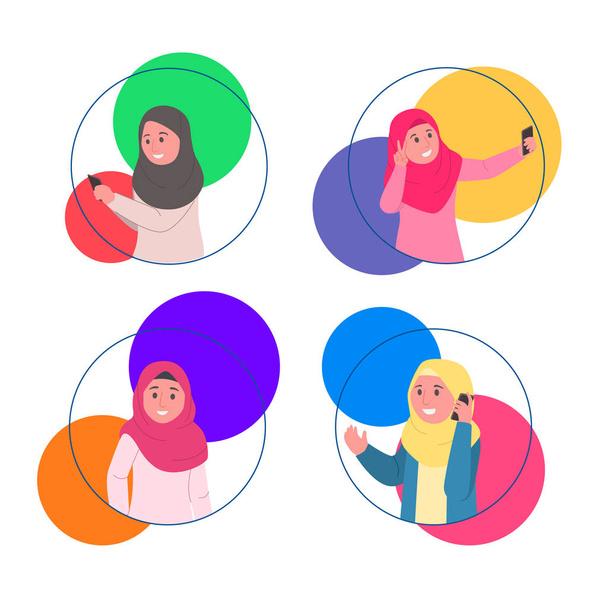 Set Colourful Avatars Cute Hijab Girl Icon on Rounded Shape Vector Illustration - Vector, Image
