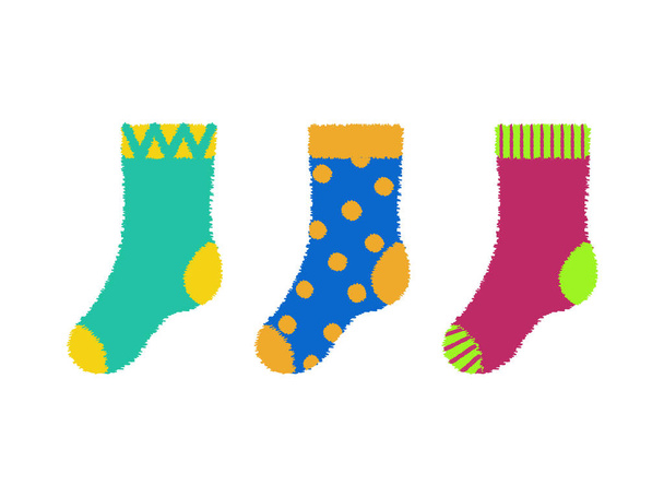 rvb de base. Vektor-Illustration von bunten Socken für Kinder. gepunktete blaue Socken, gestreifte rosa Socken. - Vektor, Bild