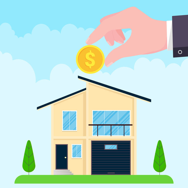 Hand puts coin in the house flat style design vector illustration. Piggy bank buying house concept. House bank safe,  investment or loan, real estate symbol icon sign. Green grass and clouds behind. - Vector, Image