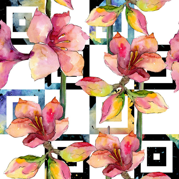 Amarylis różowy i fioletowy kwiat kwiatowy botanicznych. Zestaw ilustracji tle akwarela. Bezszwowe tło wzór. - Zdjęcie, obraz