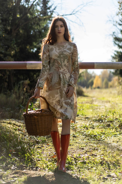 Fiatal nő hosszú vörös hajjal, vászonruhában gombákat gyűjt az erdőben az előző kosárban. - Fotó, kép