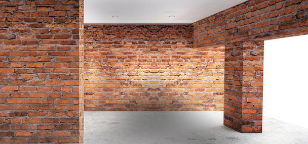 Empty room with old brick walls, large windows, dark room, sunlight. Illumination of the room. 3D illustration - Photo, Image