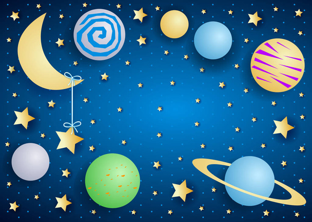 vector illustration of sky by night with moon, planets and copy space - Vector, Image