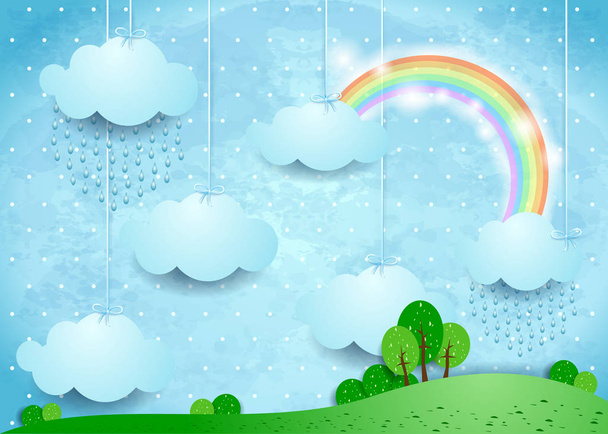 Surreal landscape with hanging clouds and rain. Vector illustration  - Vector, Image