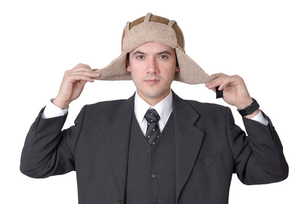 Jovem de negócios com um chapéu isolado em branco
 - Foto, Imagem