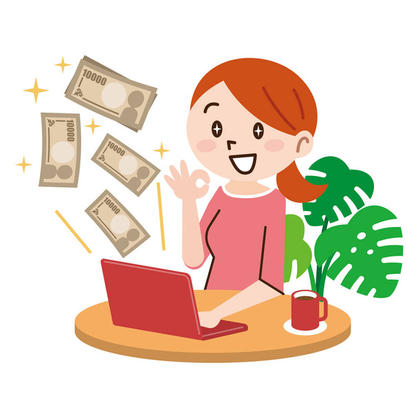 Young woman with laptop and money in great online business - Vettoriali, immagini