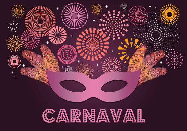 Πολύχρωμα πυροτεχνήματα και Καρναβάλι μάσκα με φτερά σε σκούρο φόντο με κείμενο στην ισπανική γλώσσα Carnaval. Εικονογράφηση διάνυσμα. Επίπεδη στυλ σχεδιασμού. Έννοια για banner  - Διάνυσμα, εικόνα