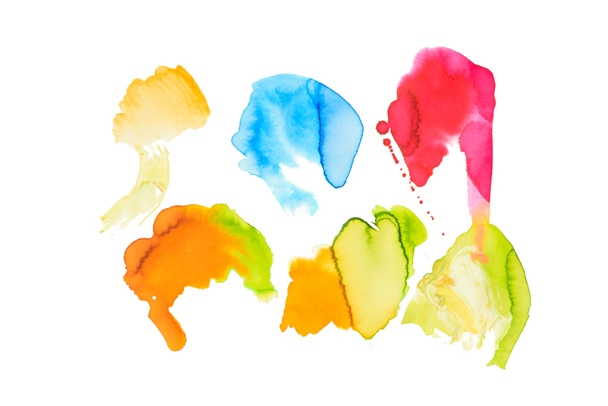 Set of abstract blue, pink, yellow and golden spills isolated on white - Photo, Image