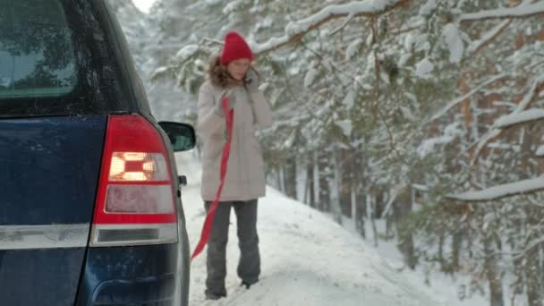 mujer con un coche de paja en la carretera en invierno
 - Imágenes, Vídeo