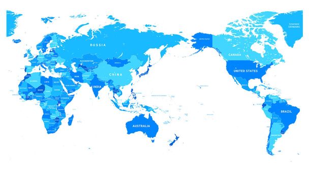 Political blue World Map Pacific Centered - Vector, Imagen