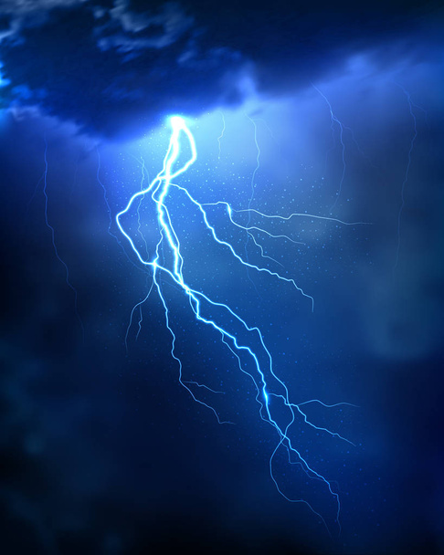 Lightning strike on the dark cloudy sky. Realistic vector illustration - Vector, Image